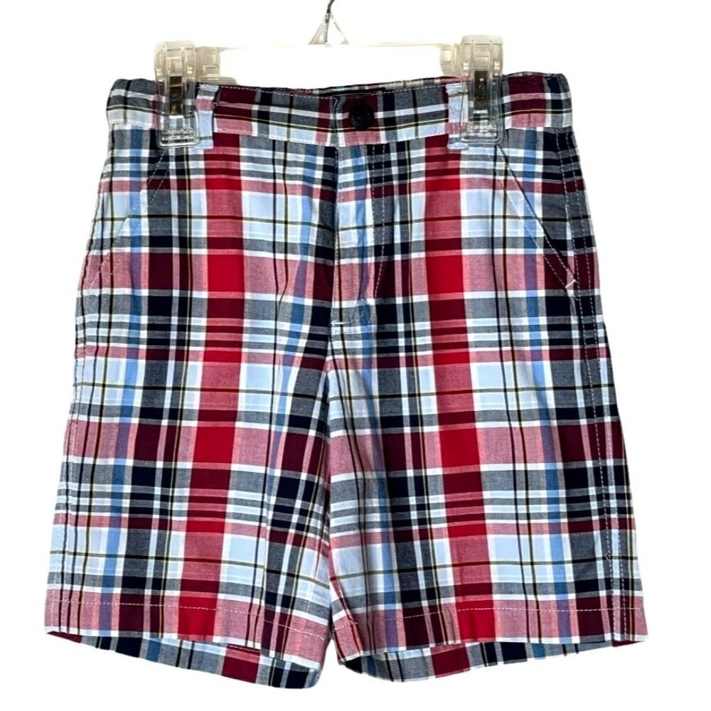 E-Land Red Blue And Black‎ Cotton Plaid Adjustable Waist Shorts Size 4